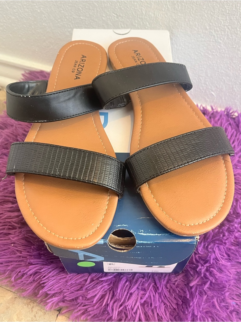 Arizona Jean Company Black and Tan Double Strap Slide Sandals - Picture 2 of 6